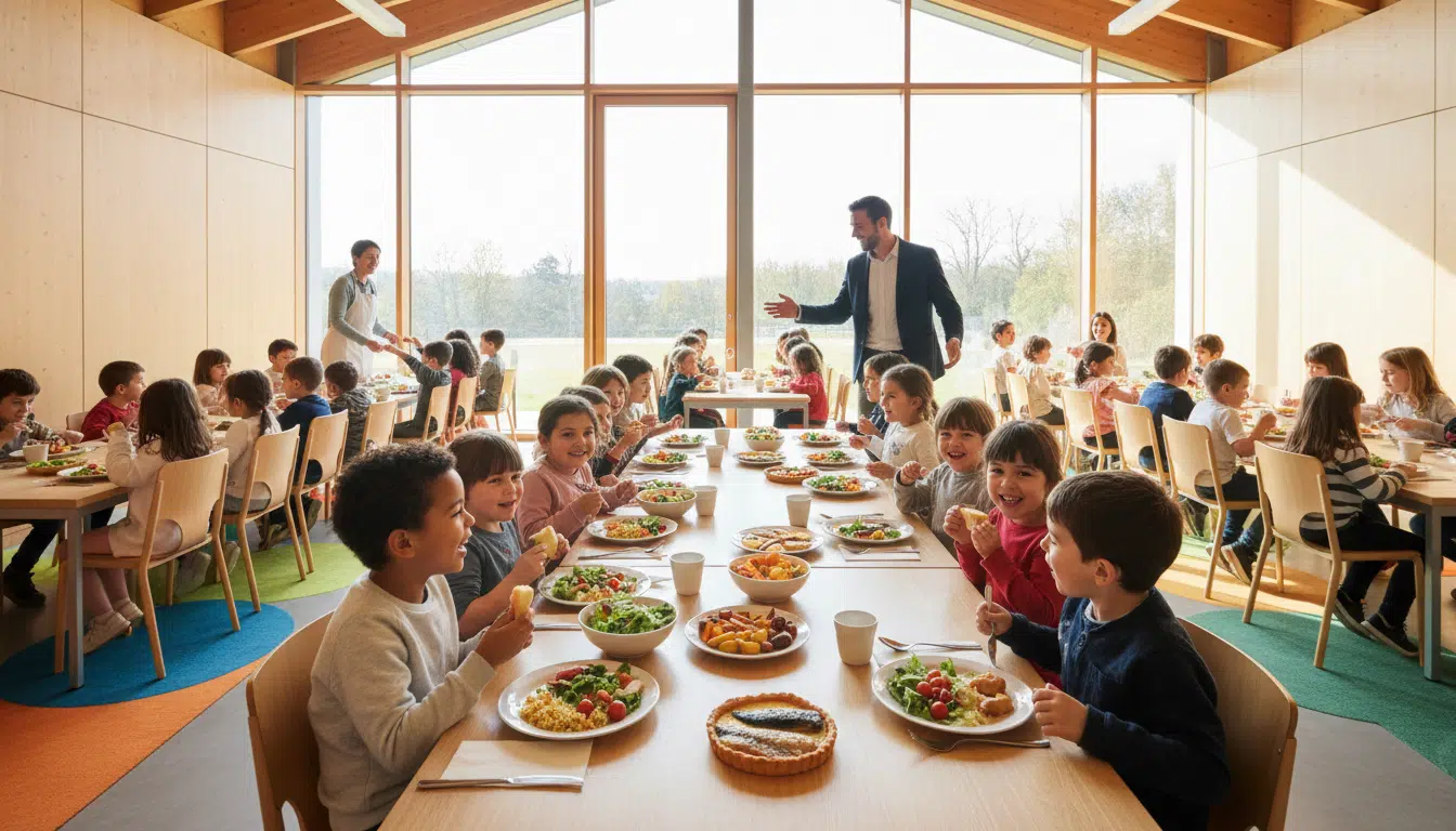 Cantine scolaire moderne en France, enfants souriants avec repas équilibrés.