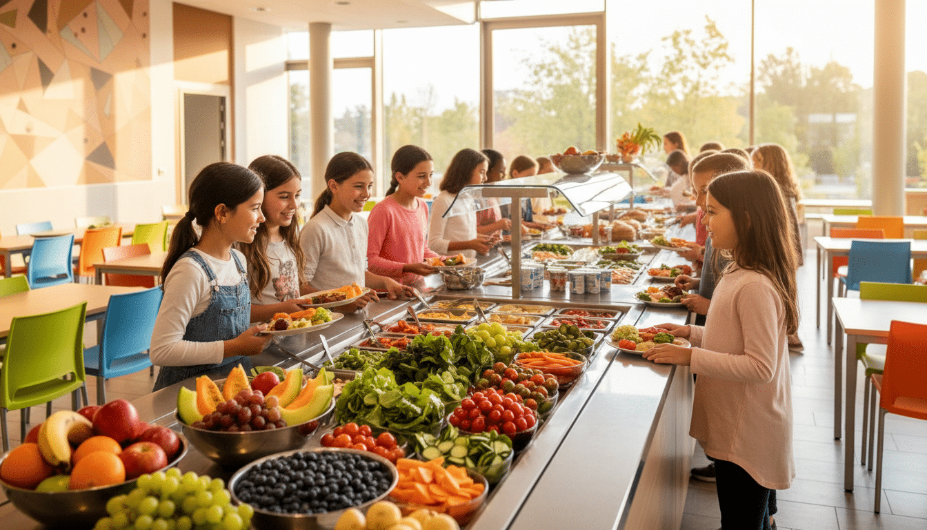 Cantine scolaire moderne, enfants souriants, repas variés