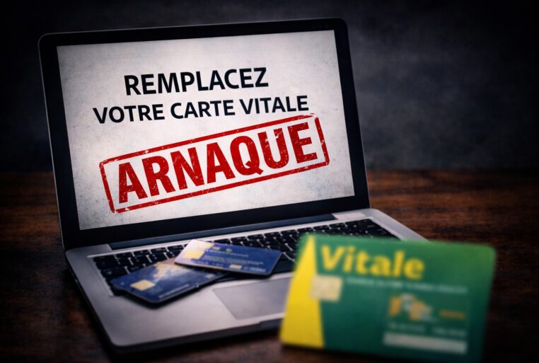 Arnaque à la carte Vitale avec faux message de remplacement urgent sur ordinateur portable