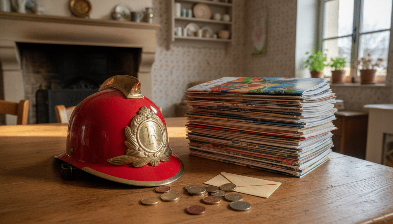 Casque de pompier rouge posé près de calendriers et pièces de monnaie