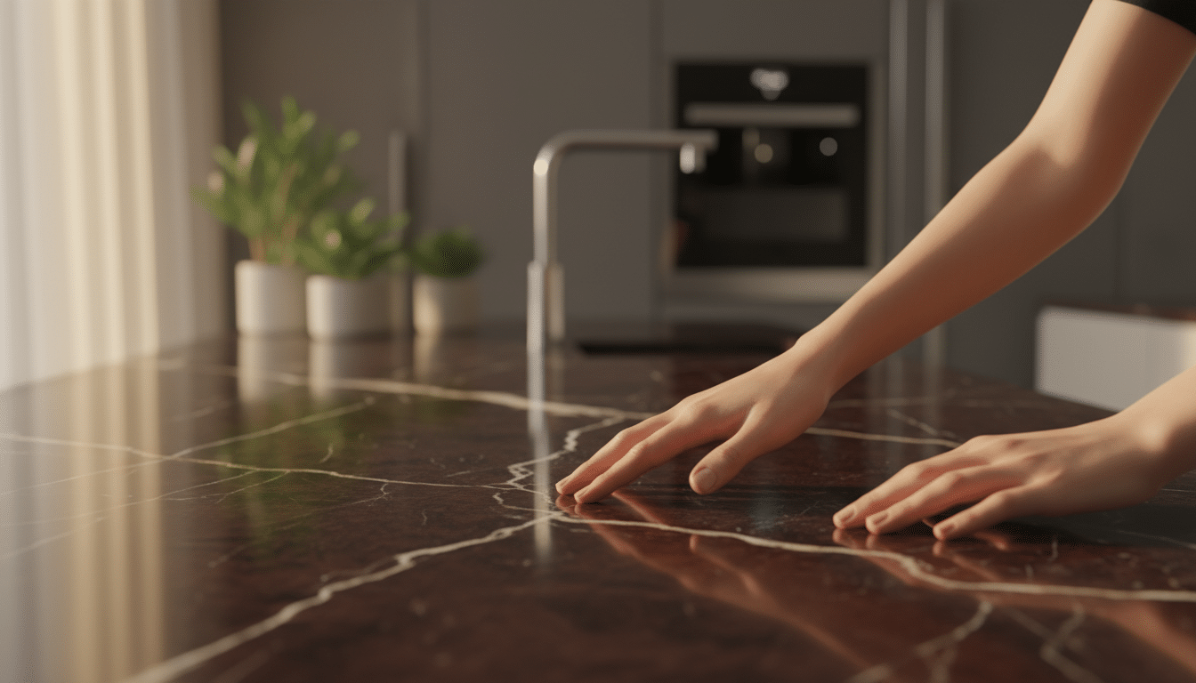 Mains féminines sur un plan de travail en marbre bordeaux veiné