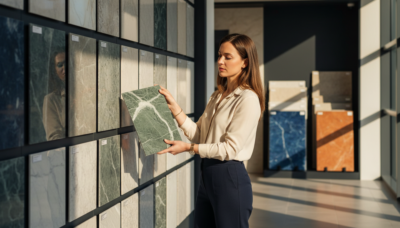 Décoratrice hésitante devant des échantillons de marbre coloré