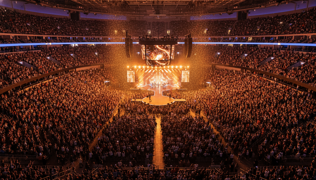 Grande salle de concert illuminée remplie de spectateurs