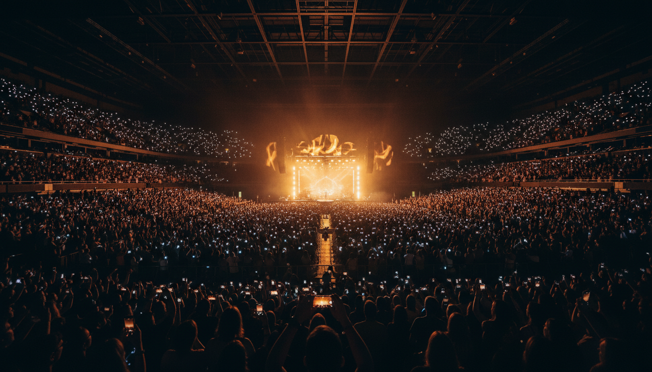 Salle de concert remplie de fans avec lumières