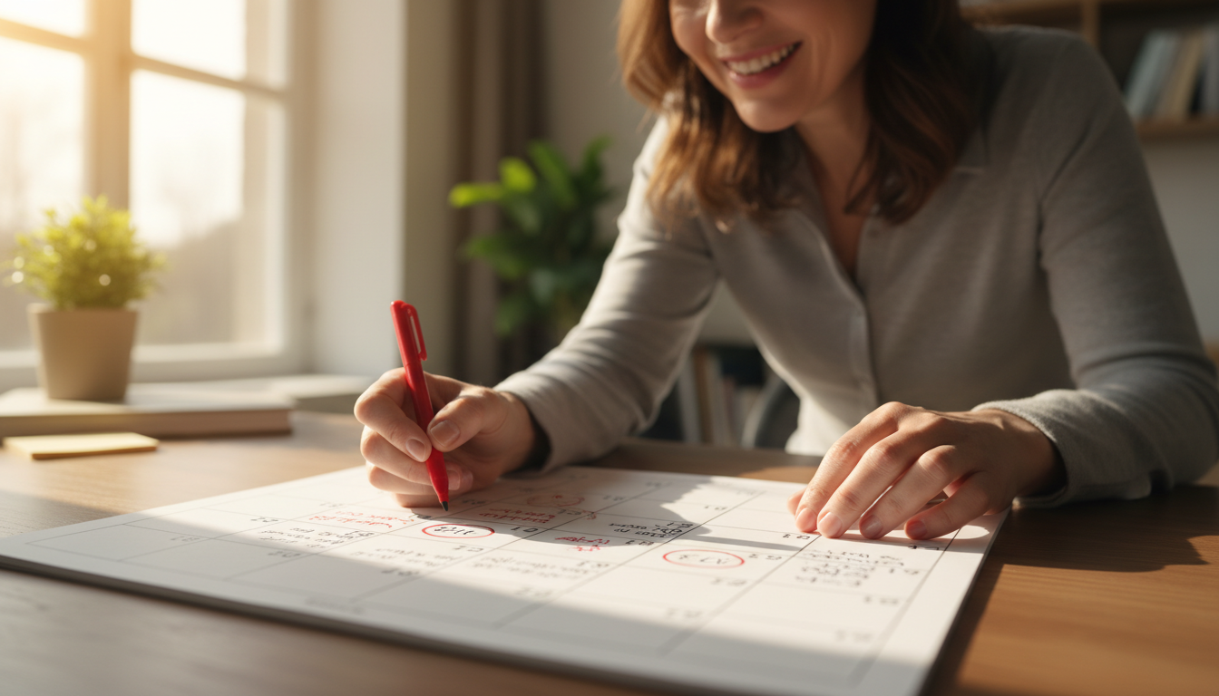 Femme marquant des dates importantes sur calendrier