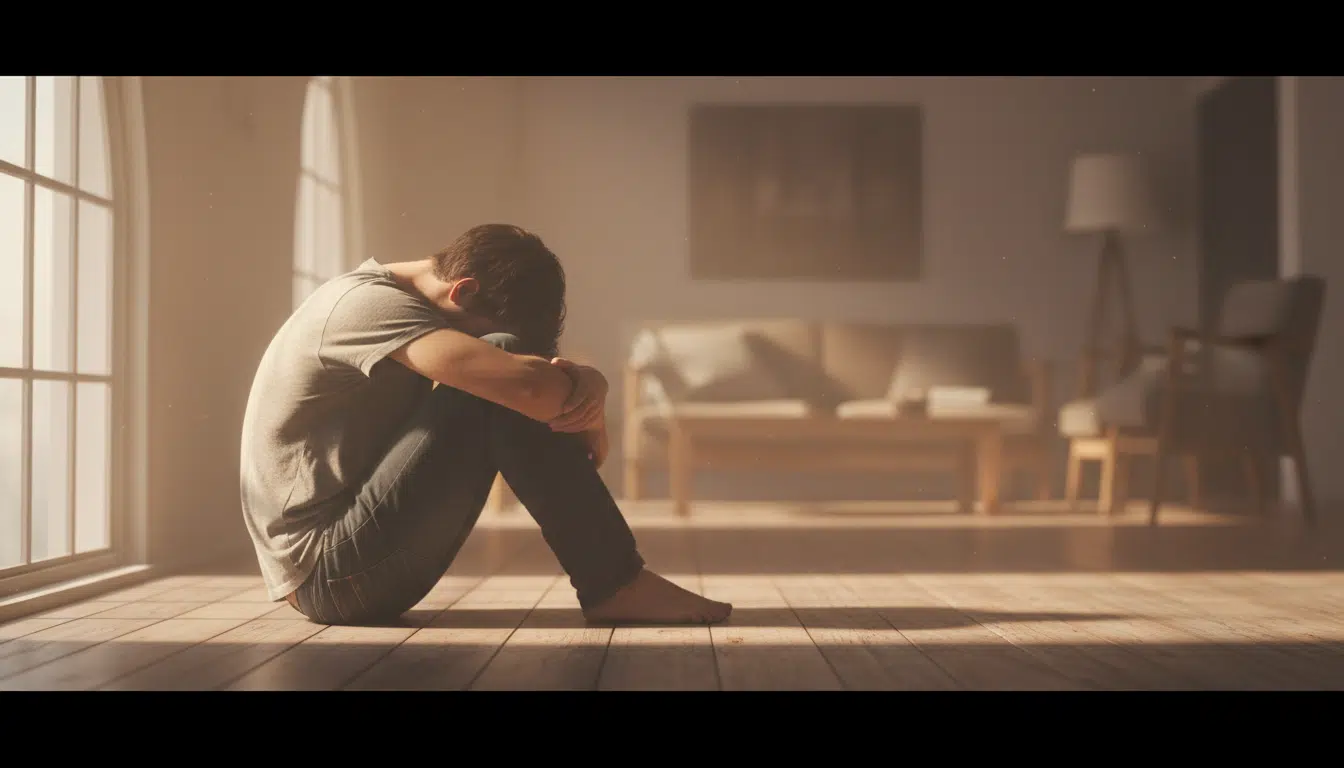 Homme épuisé assis seul dans la lumière dorée