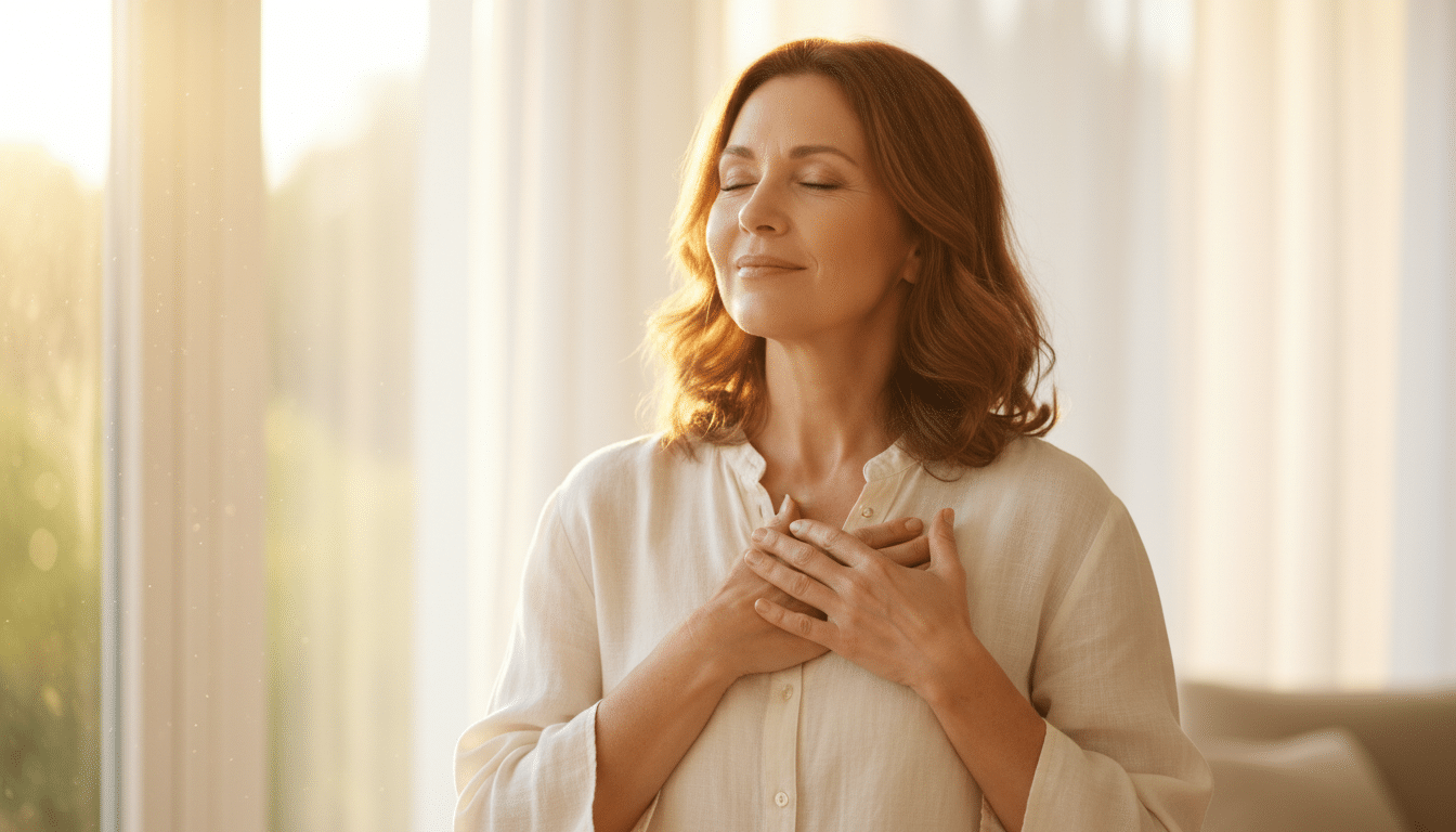 Femme sereine en pleine introspection lumineuse