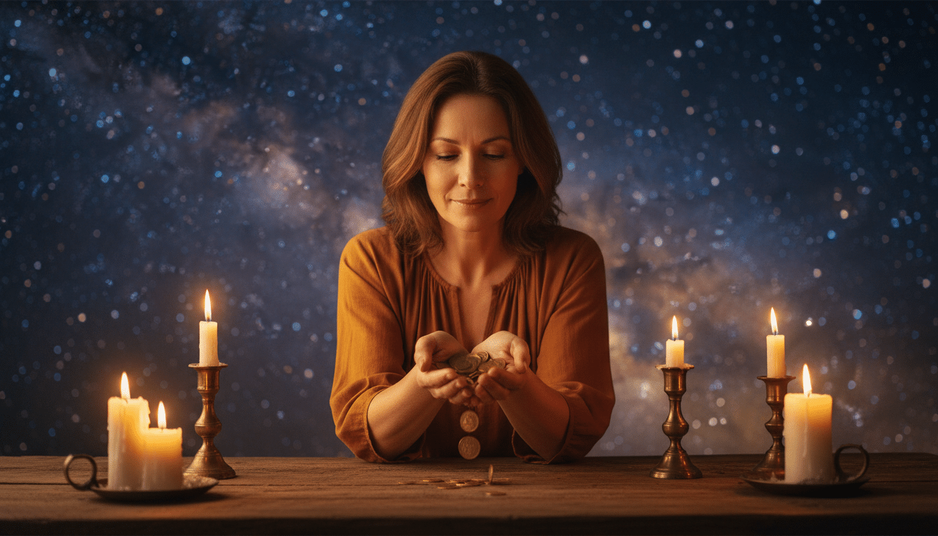 Femme tenant des pièces dorées à la lueur des bougies