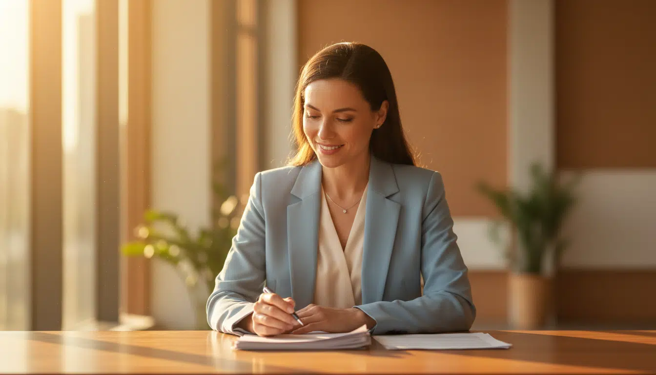 Femme souriante consultant des documents professionnels