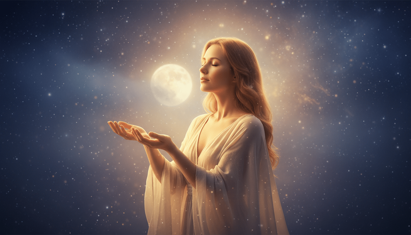 Femme sereine baignée de lumière lunaire dorée