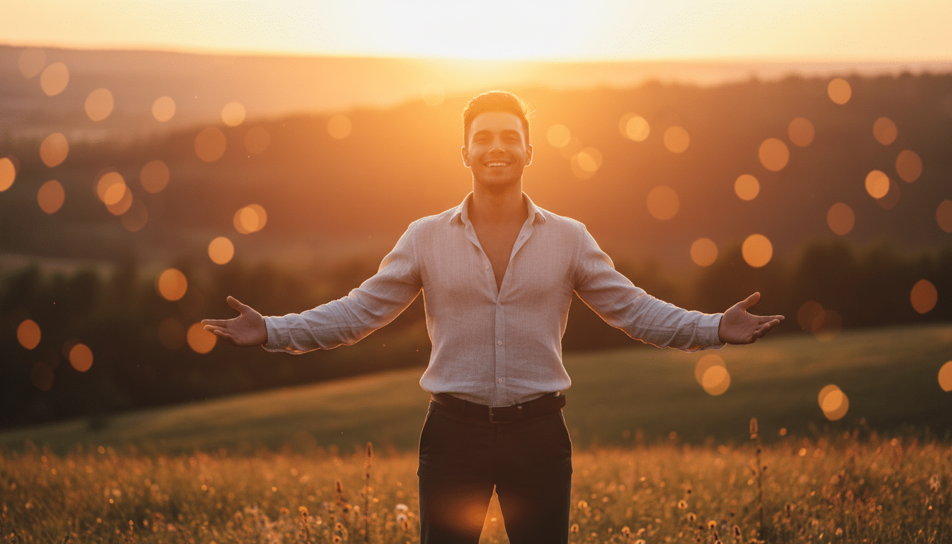 Homme confiant sous une lumière de lever de soleil