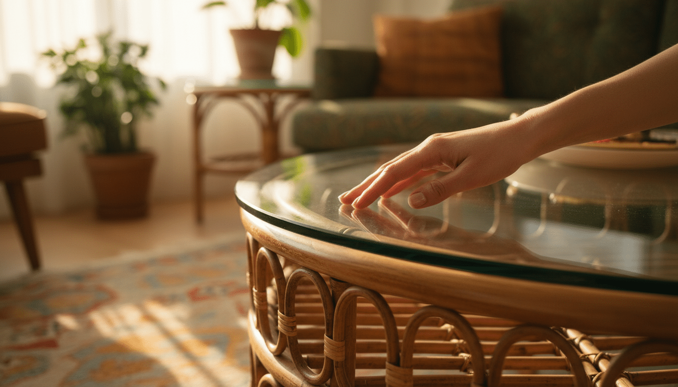 Mains touchant une table basse en bambou vintage années 70