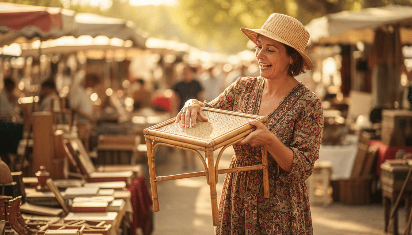 Femme examinant une table bambou en brocante
