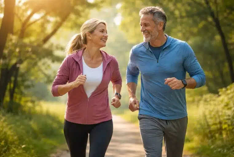 Charge mentale du sport après 50 ans : un couple marche d’un pas tranquille dans un parc au printemps