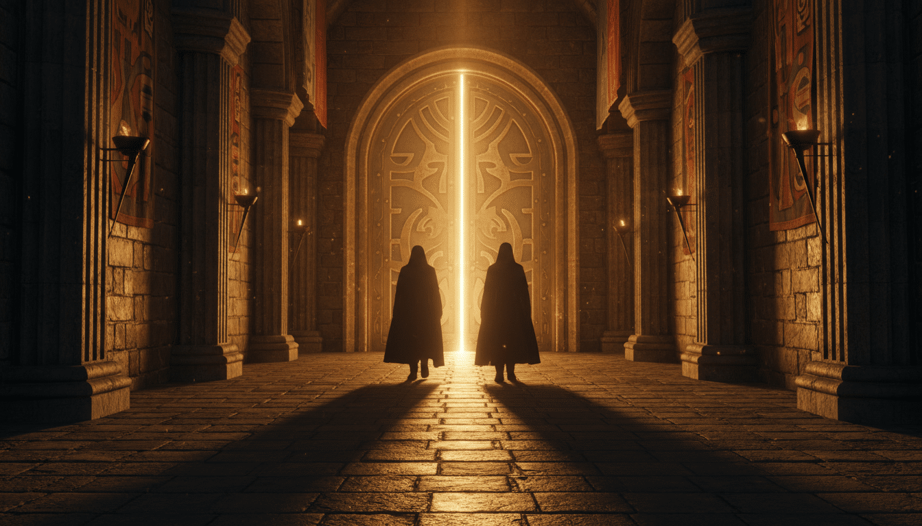 Silhouettes royales marchant vers une lumière dorée