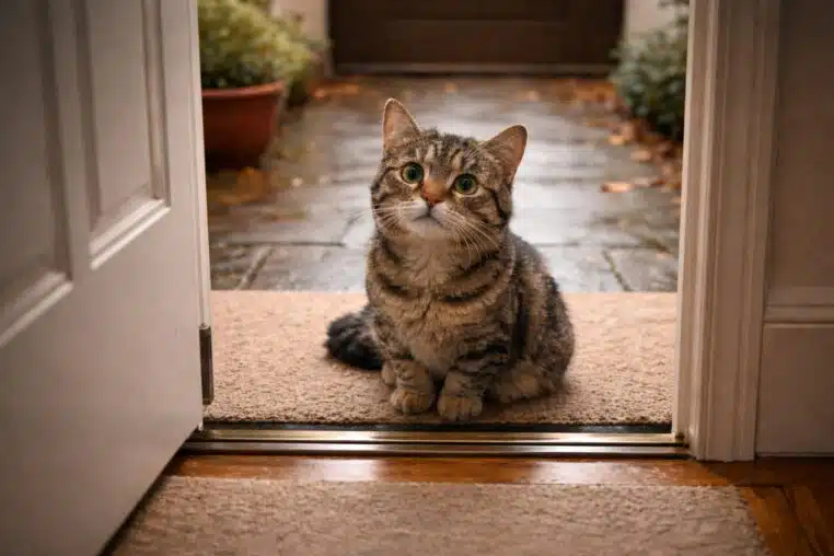 Chat tout mignon assis à l’intérieur de la maison devant la porte d’entrée