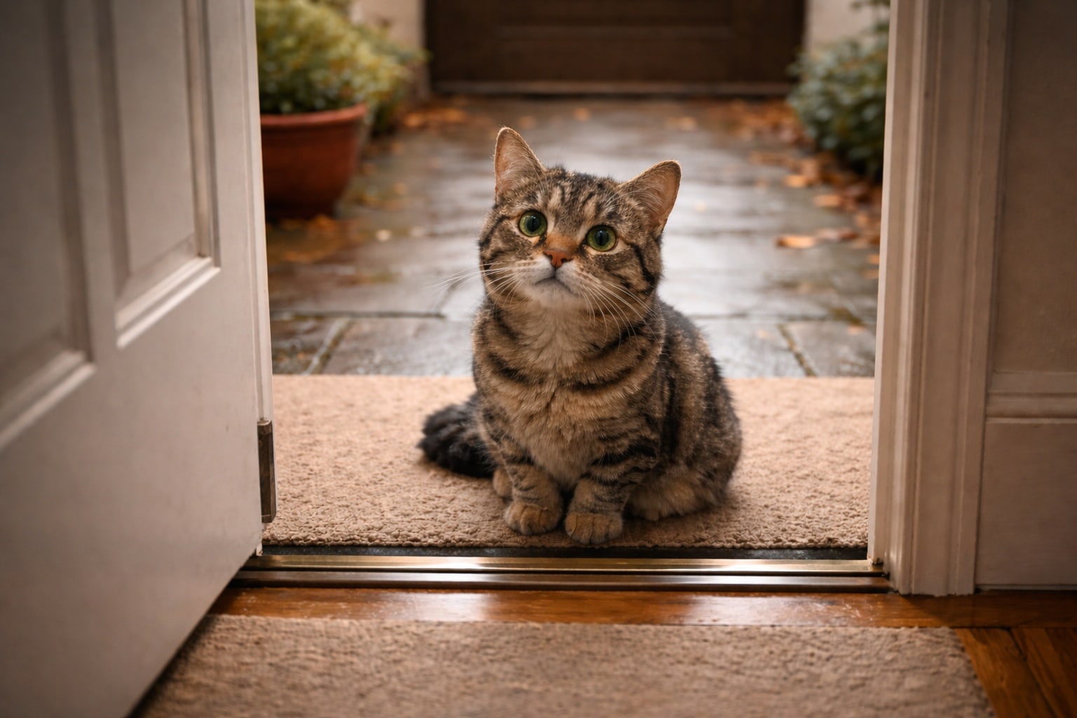 Chat tout mignon assis à l’intérieur de la maison devant la porte d’entrée