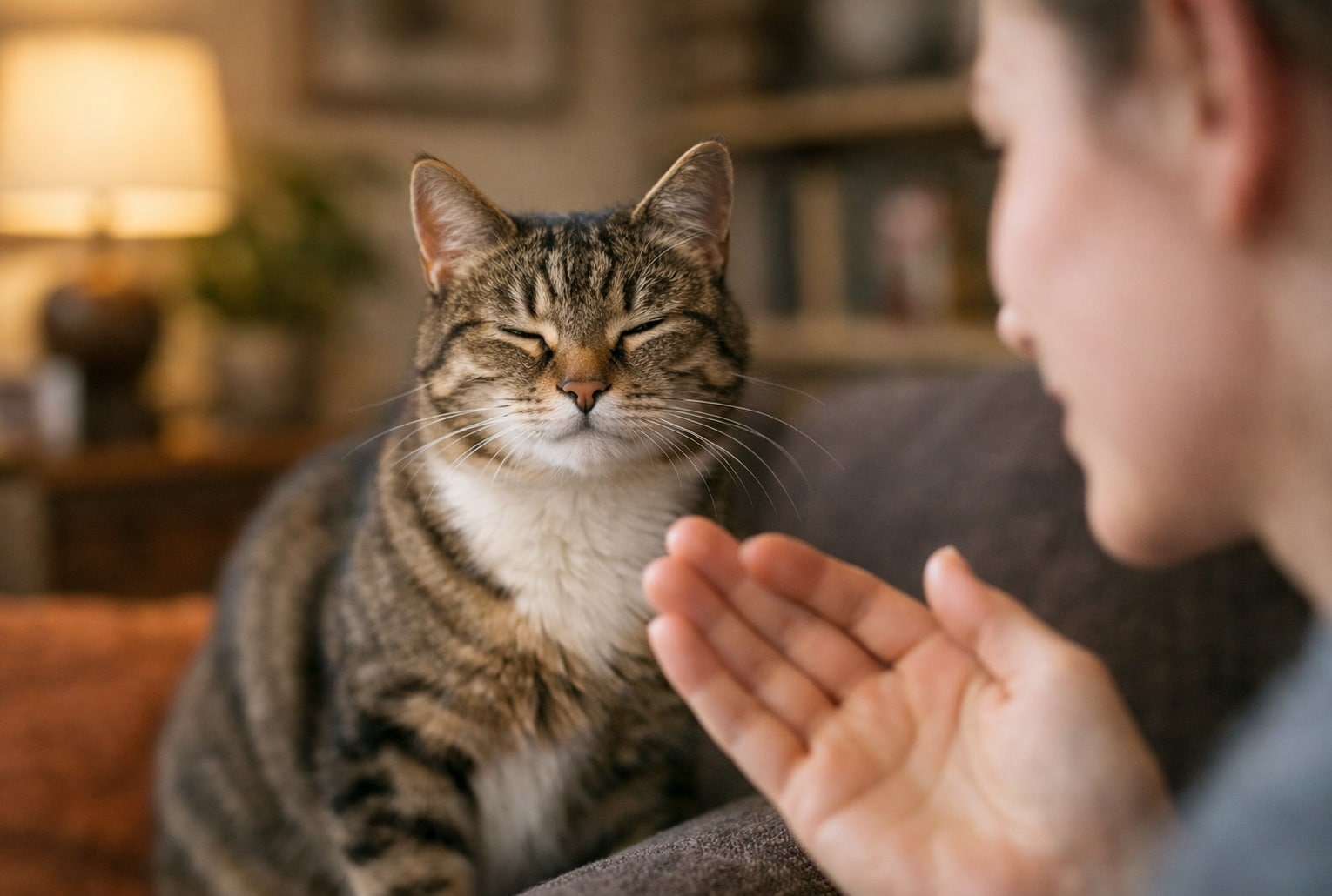 Un chat tigré répond par un clignement lent à une personne dans un salon, illustration du signal de confiance entre humain et félin.