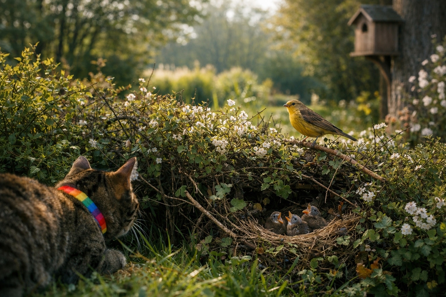 Oiseaux du jardin protégés par une haie dense face à un chat au printemps