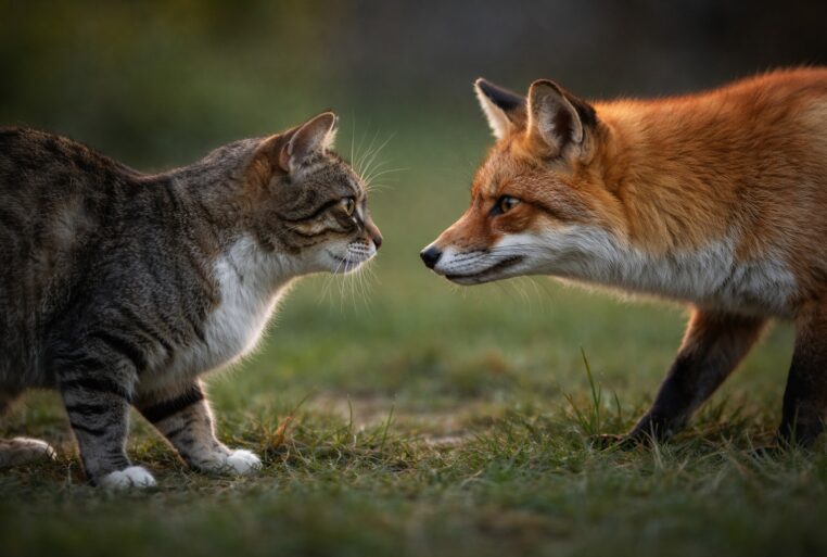 Chat tigré et renard roux face à face dans l’herbe au crépuscule, regard tendu.