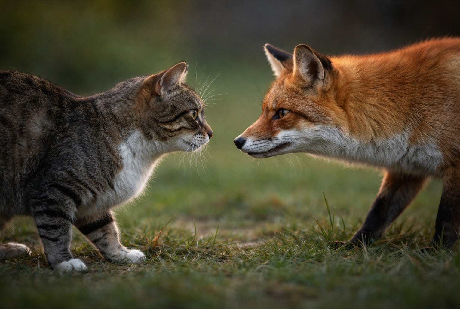 Chat tigré et renard roux face à face dans l’herbe au crépuscule, regard tendu.