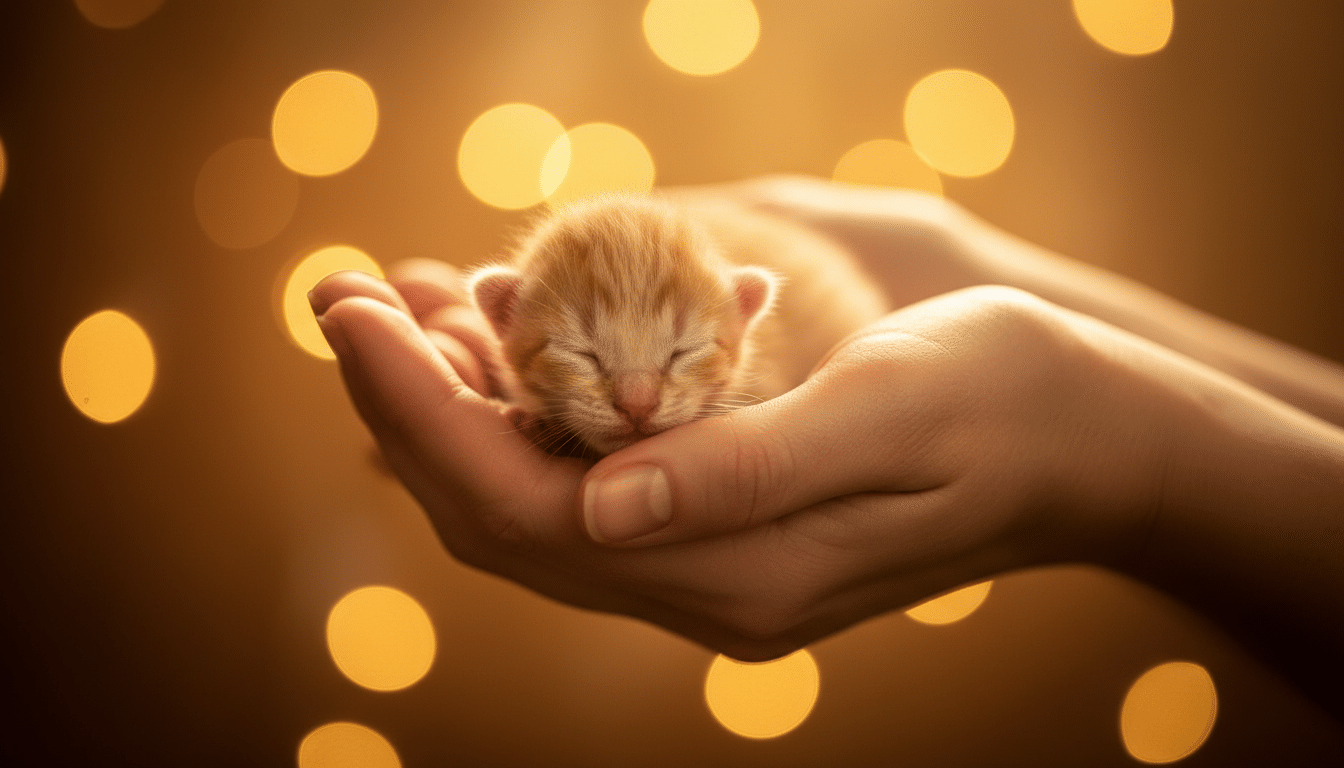Chaton nouveau-né dans les mains d'une femme