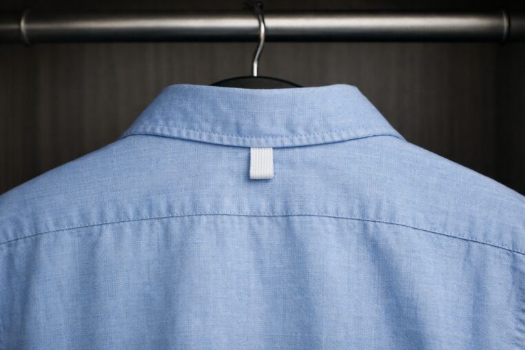 Boucle au dos de la chemise visible dans une penderie.