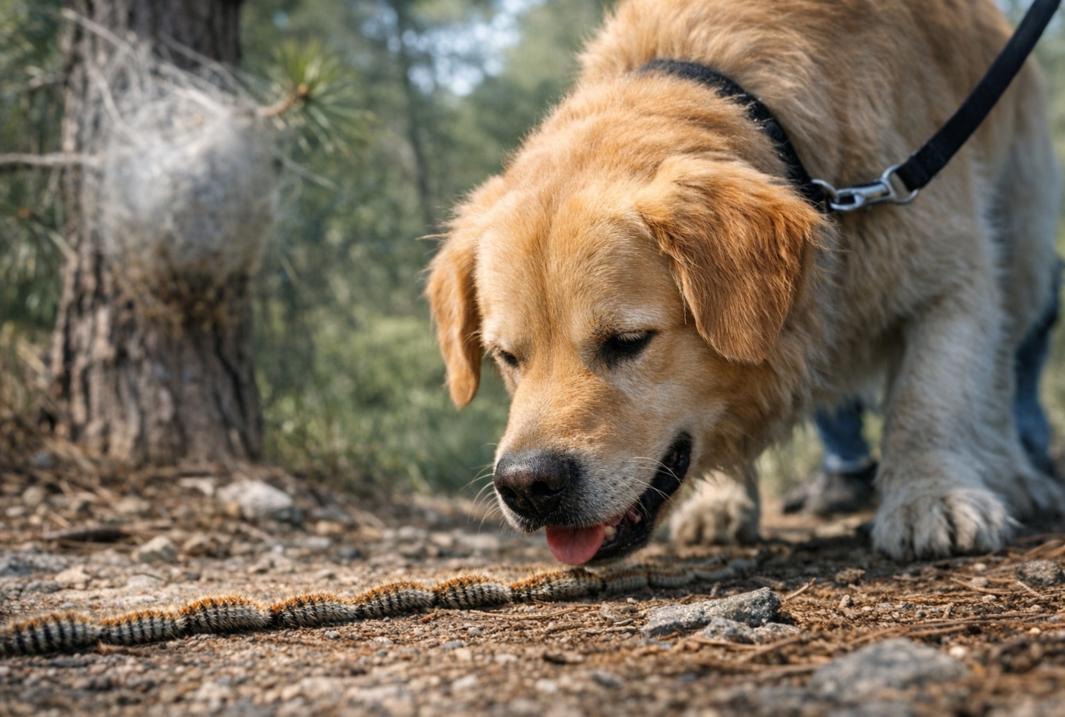 Chenille processionnaire : un chien en promenade face à un danger invisible au printemps