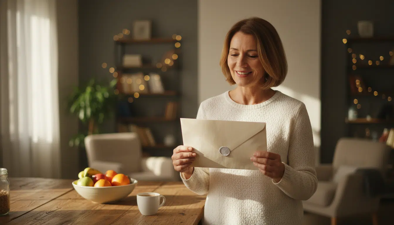 Femme souriante tenant une enveloppe officielle aide énergie
