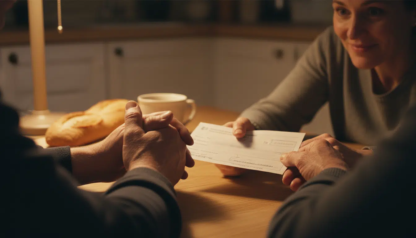 Famille recevant un chèque aide gouvernementale cuisine