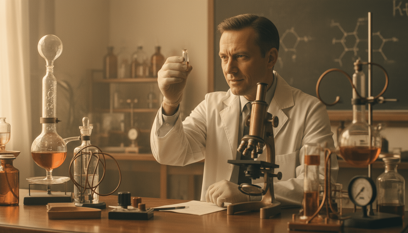 Chercheur en blouse blanche analysant une colle en laboratoire années 60