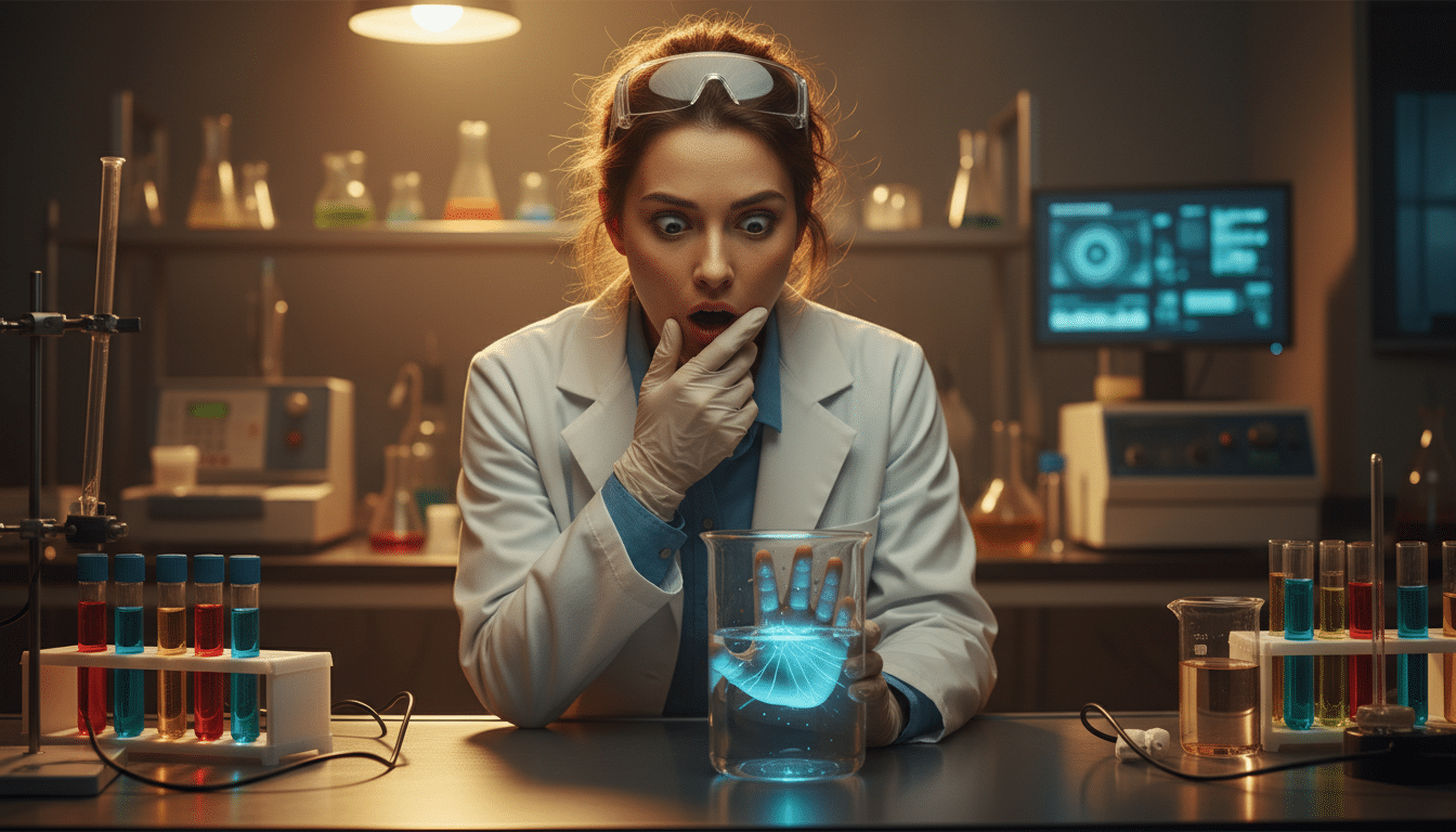 Chercheur surpris observant une main dans l'eau