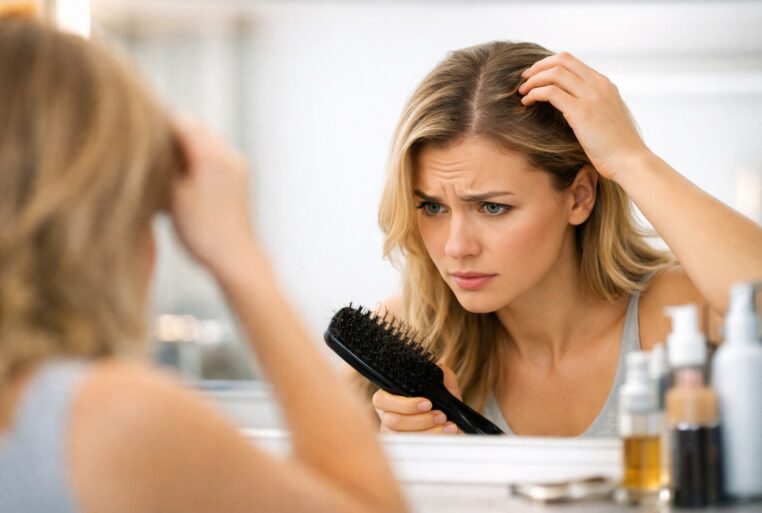 Cheveux moins denses : une femme vérifie dans le miroir si sa raie s’élargit