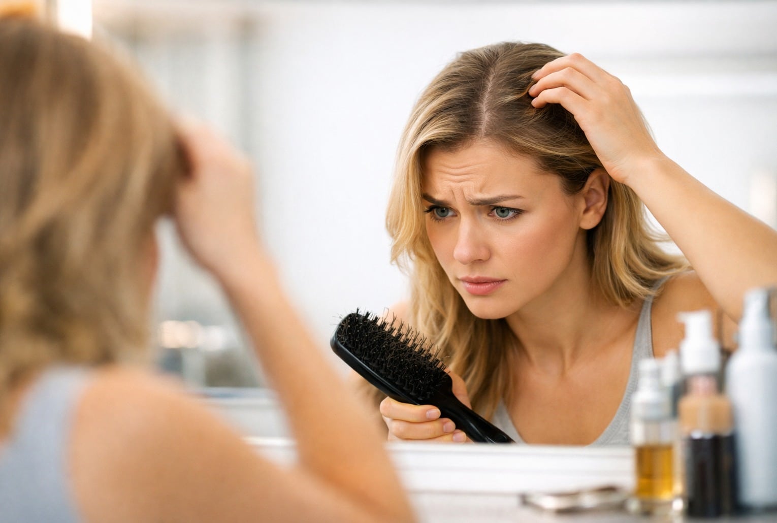 Cheveux moins denses : une femme vérifie dans le miroir si sa raie s’élargit