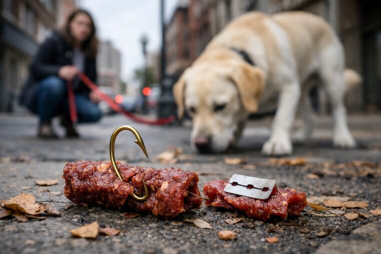 Chien en balade face à un appât piégé avec un hameçon au sol