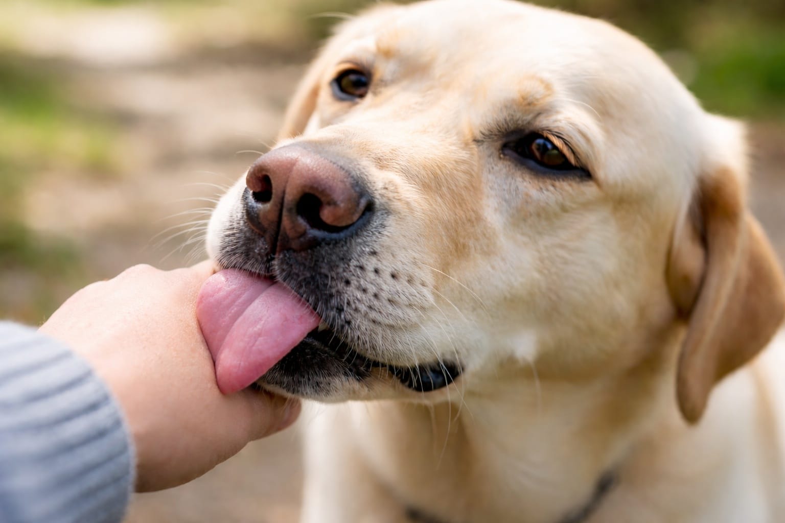 Chien léchant doucement une main