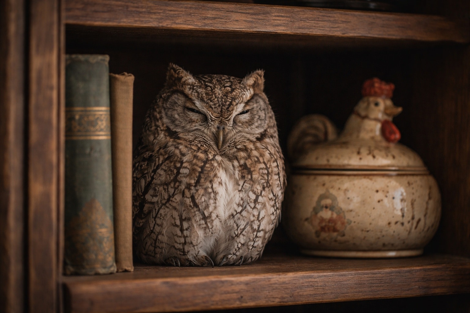 Une chouette endormie dans un meuble en bois, posée sur une étagère entre des livres anciens et un objet en céramique.