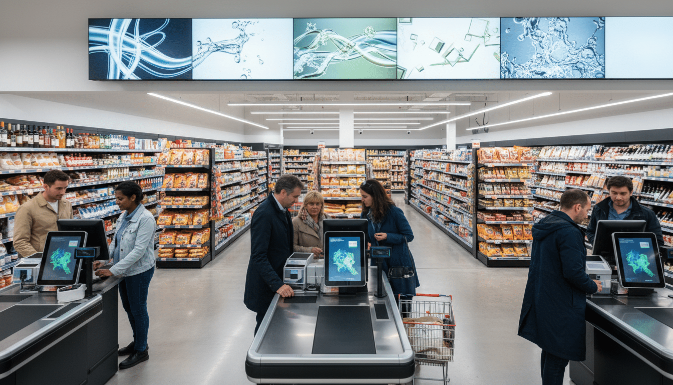 Clientèle utilisant des caisses automatiques dans un supermarché moderne