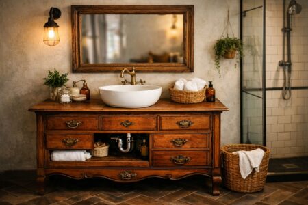 Une commode ancienne transformée en meuble vasque dans une salle de bain chaleureuse