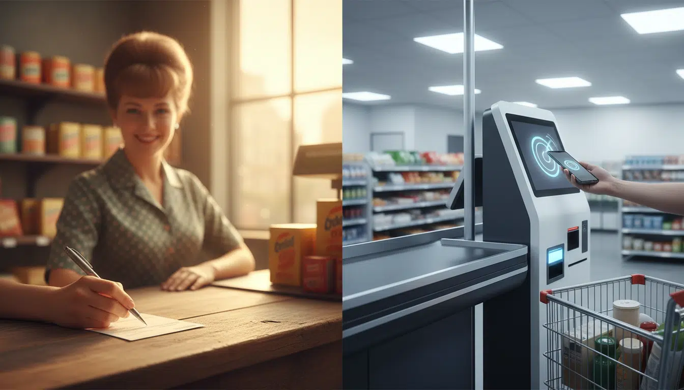 Comparaison de méthodes de paiement : un chèque en 1970 et un smartphone aujourd'hui.