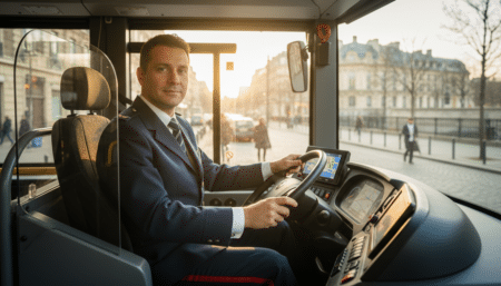 Conducteur de bus toulousain au volant de son véhicule