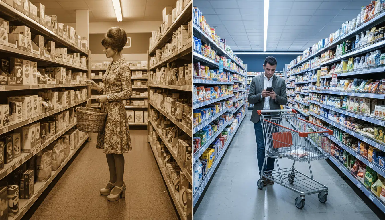 Contraste visuel entre supermarché des années 70 et aujourd'hui