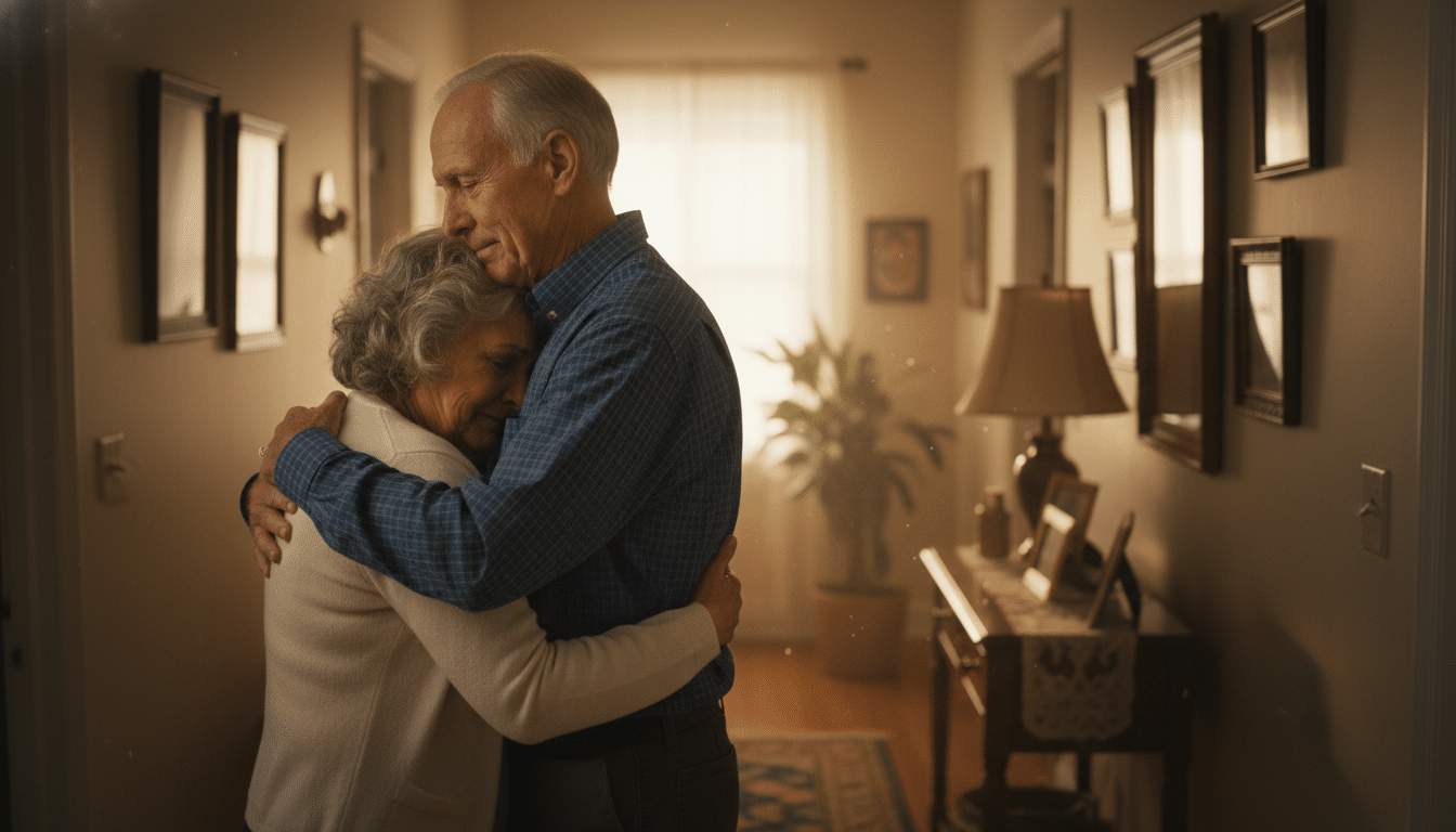 Couple âgé s'étreignant dans un couloir avec émotion