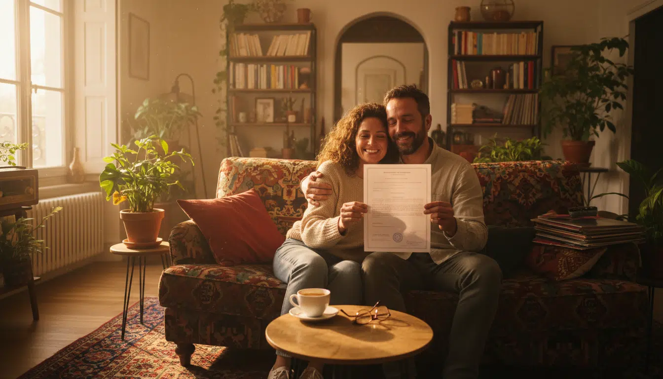 Couple de locataires soulagés tenant un document légal