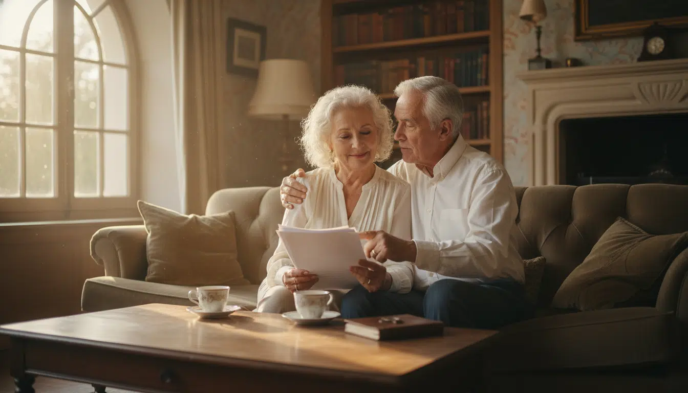 Couple de retraités lisant leurs papiers d'impôts