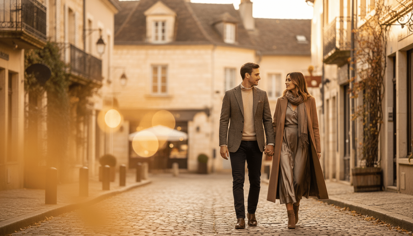 Couple élégant se promenant dans une ville française