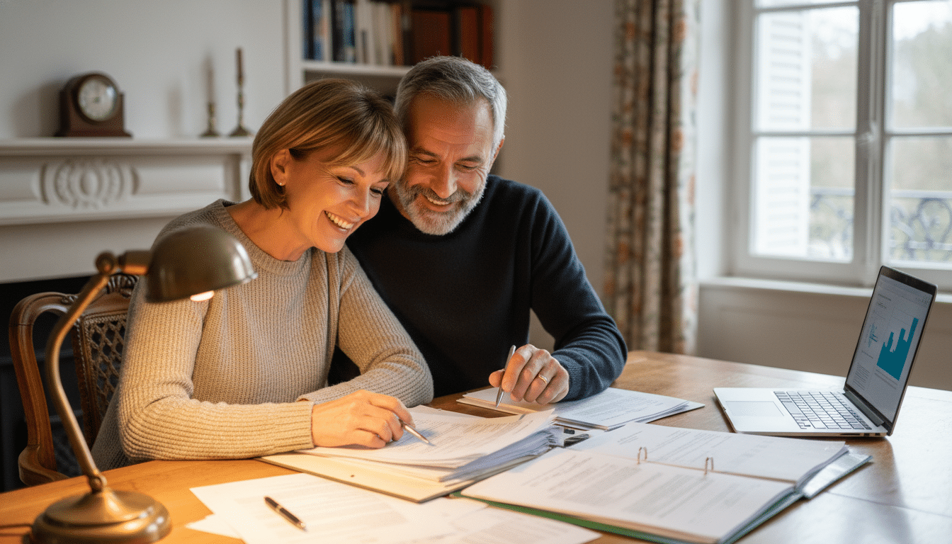 Couple examinant des documents d'aide financière à domicile
