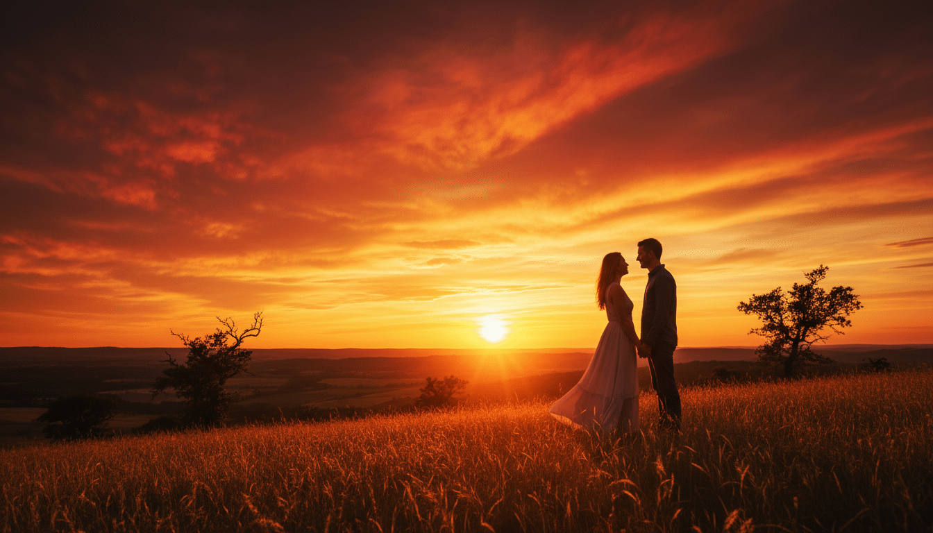Couple français admirant un coucher de soleil orange et rouge
