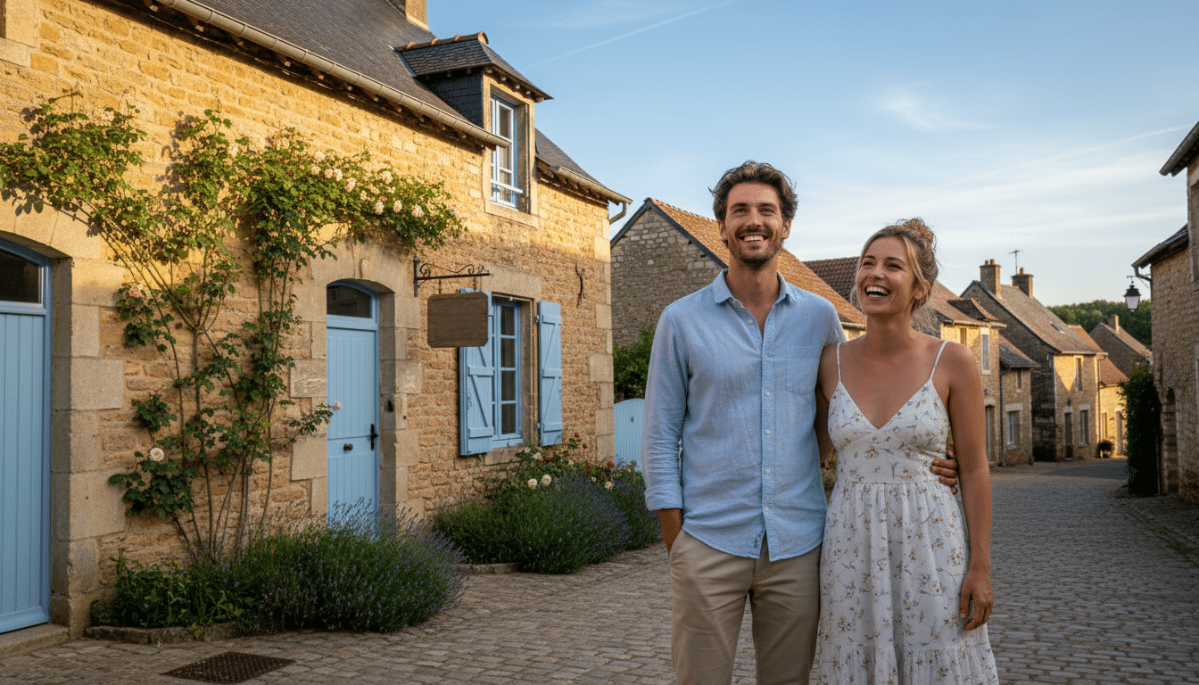 Couple heureux devant une maison abordable en province