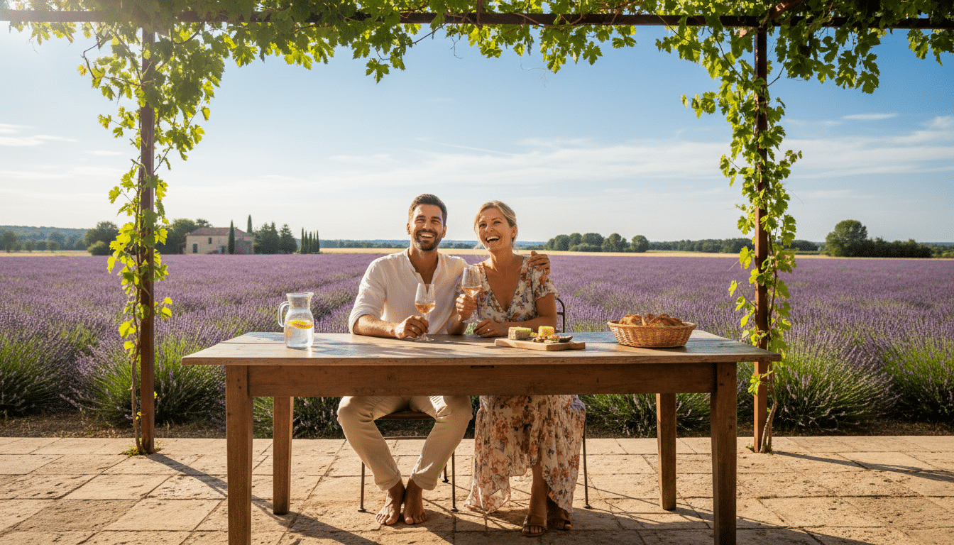 Couple heureux sur une terrasse ensoleillée dans le sud de la France